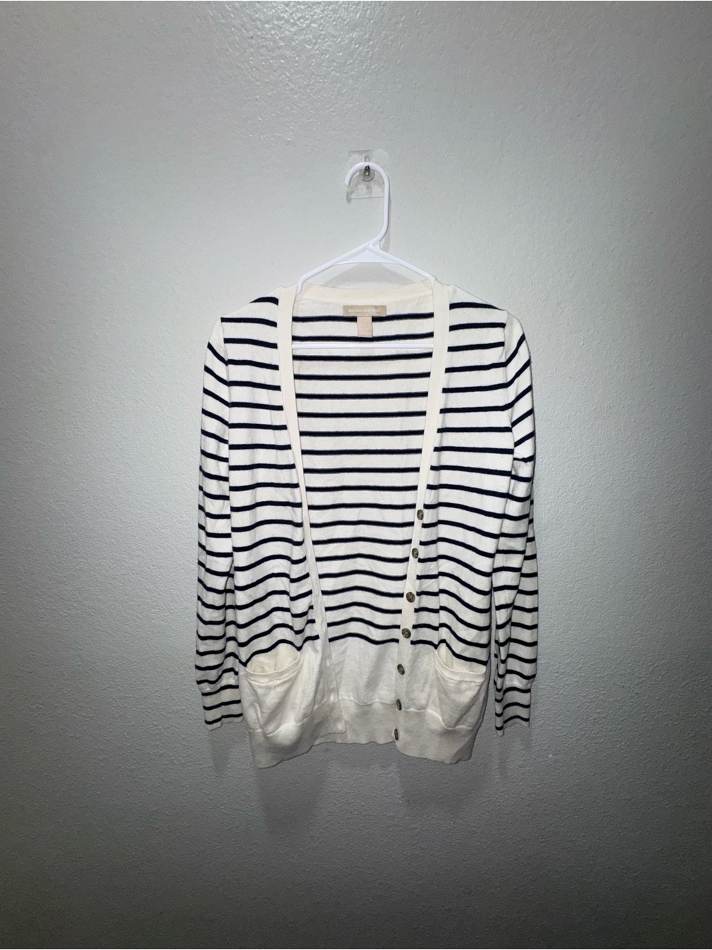 Banana Republic White and Navy Striped Cardigan